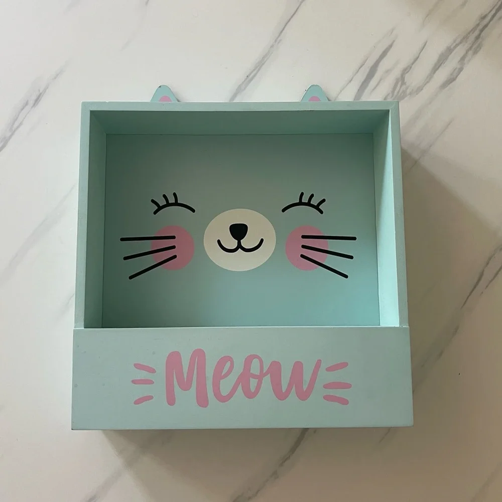 Cute kawaii kitty cat kids room decor floating storage organization wood shelf